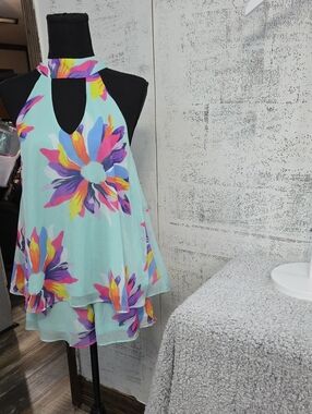 Judith March Sleeveless Floral Halter Top Romper in Light Aqua
